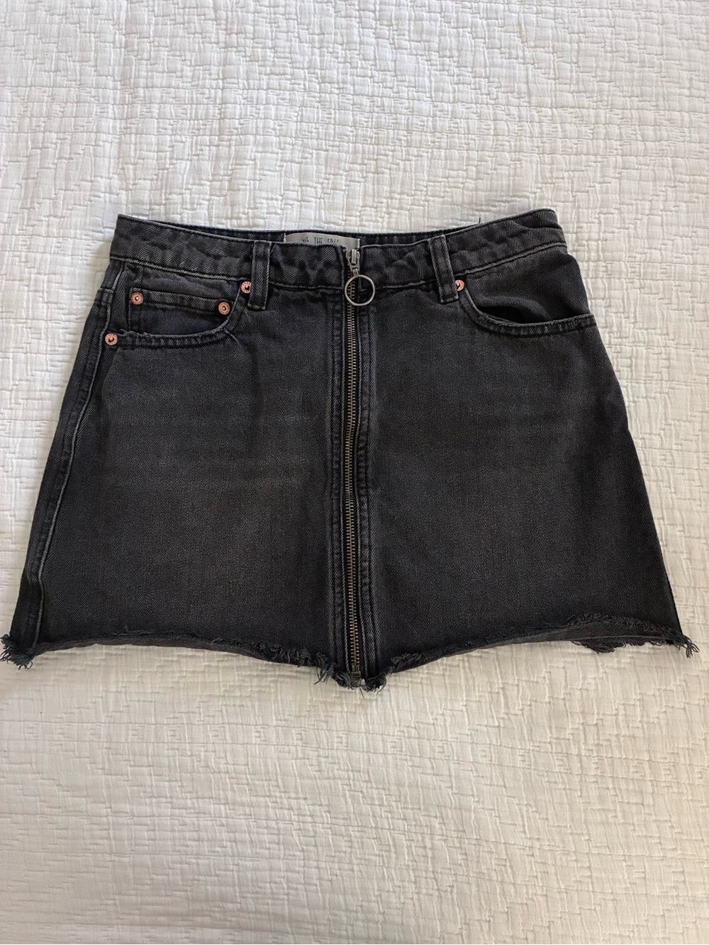 We The Free Black Denim Mini Skirt with Front Zip and Ring Pull